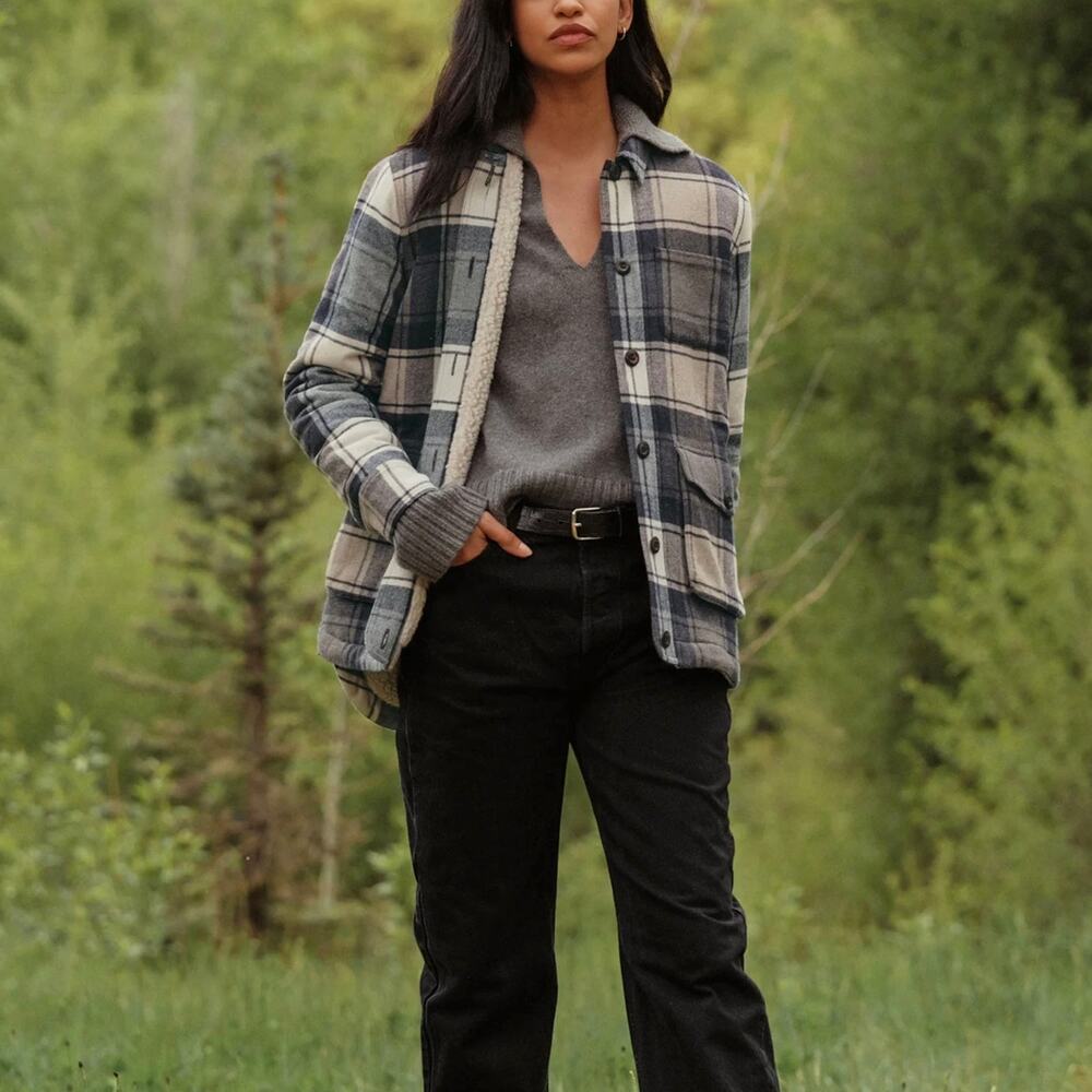 Jenni Kayne Shearling Lined Farmhouse Navy Plaid Jacket S NEW Wool Brown Coat